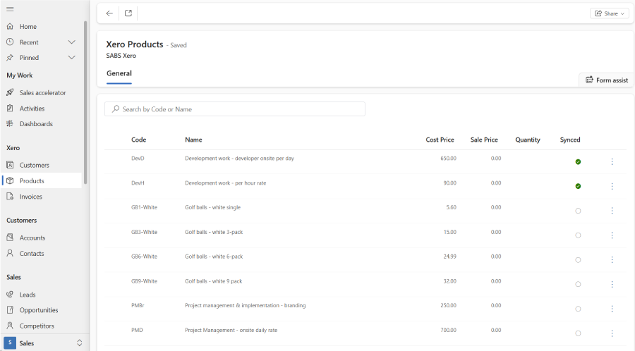 Xero Products in Dynamics 365