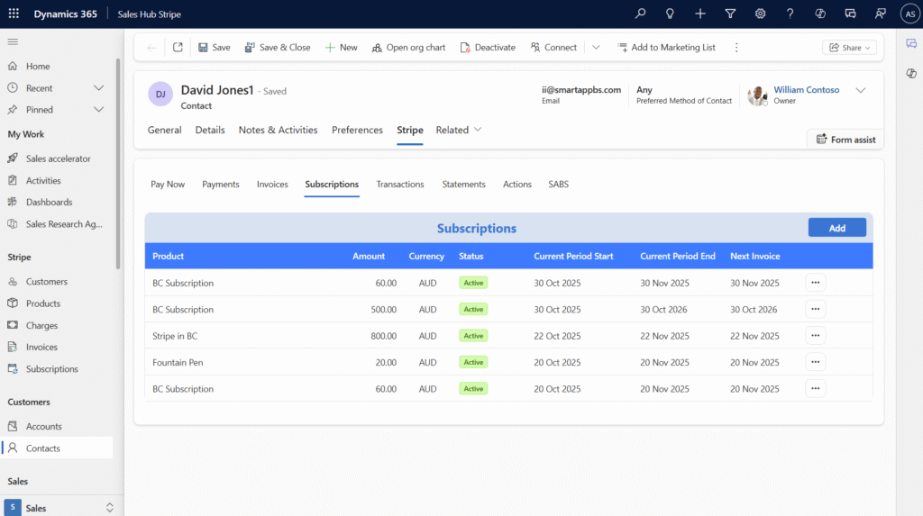 Stripe Subscription View in Dynamics 365