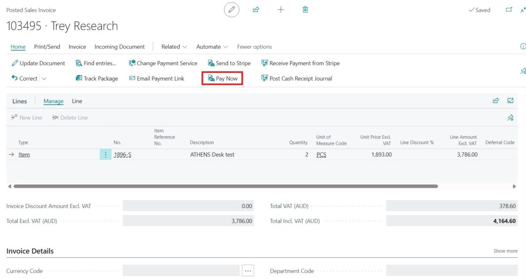 Pay now posted sales invoice