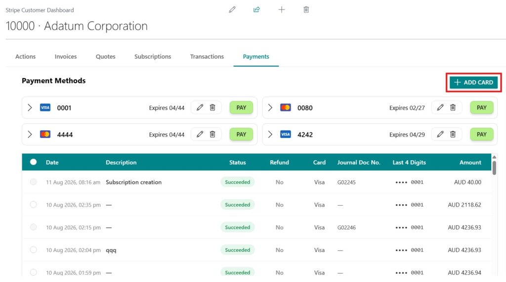 Stripe payment from customer card in Business Central