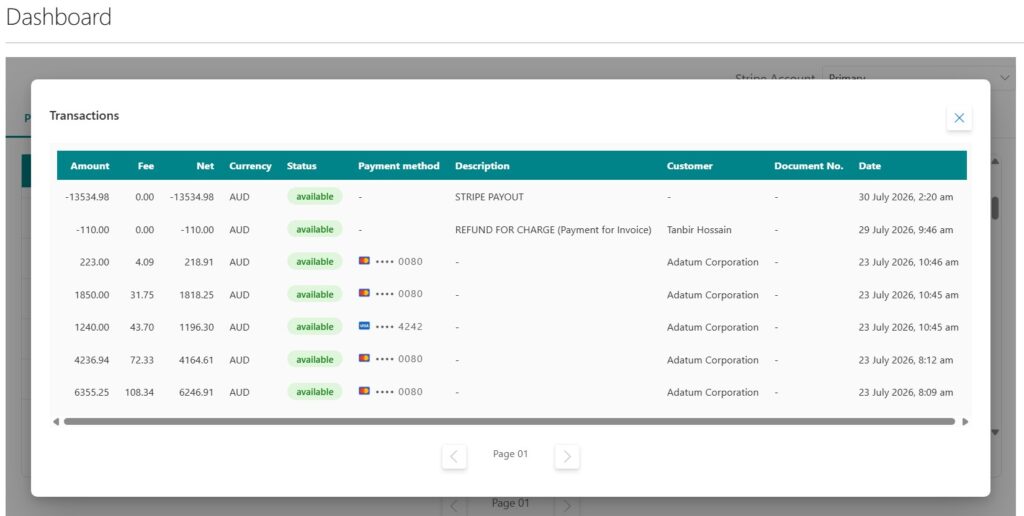 Stripe Dashboard in Business Central Payout details
