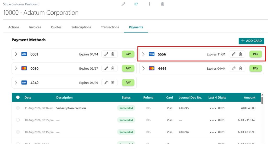 Stripe account dashboard in Business Central